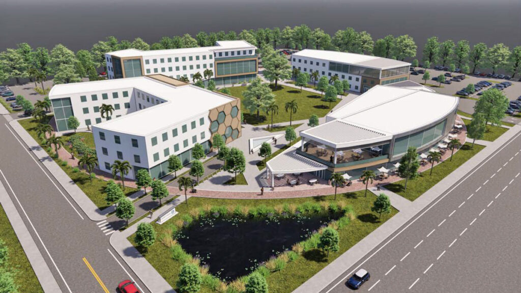 Aerial rendering of the Focus Future campus showing multiple buildings, landscaped grounds, and a pond