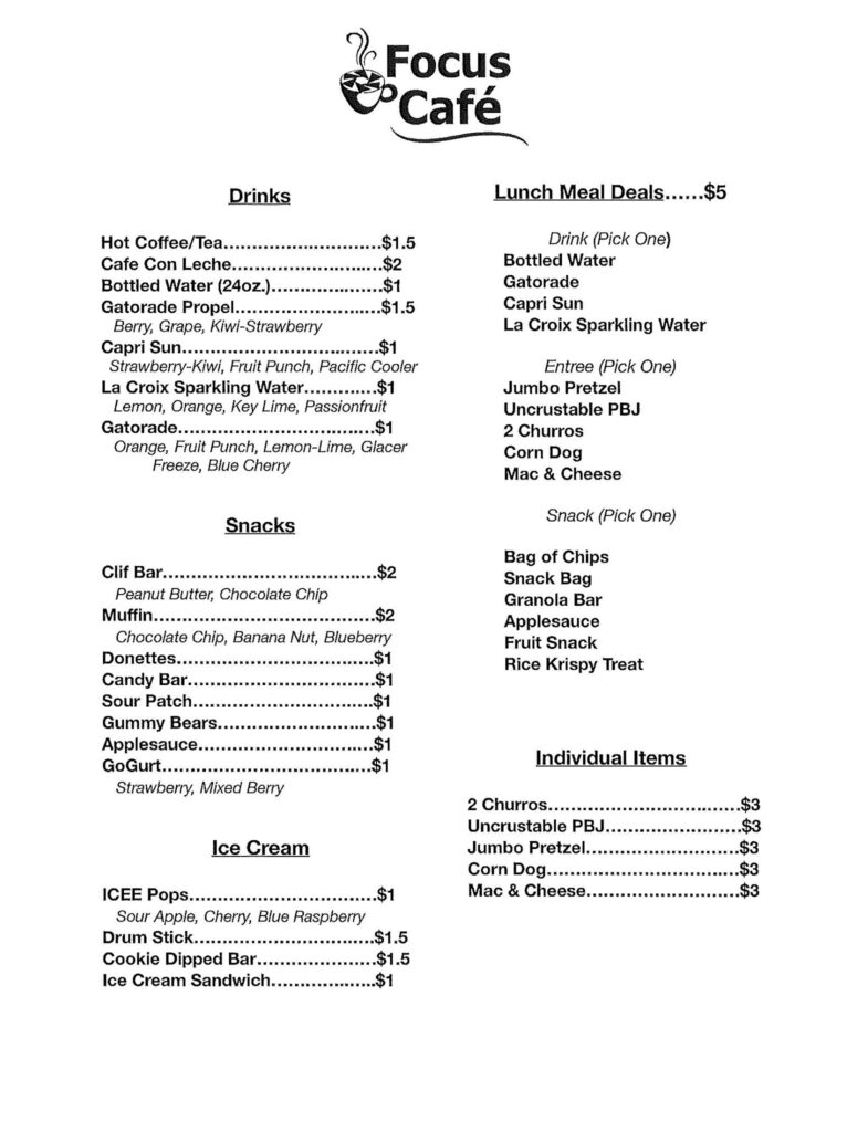 Focus Cafe menu listing drinks, snacks, ice cream, lunch meal deals, and individual items with prices